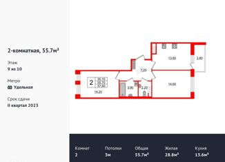 Продается 2-комнатная квартира, 57.1 м2, Санкт-Петербург, Манчестерская улица, 5к1, метро Удельная