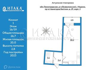 Продажа квартиры студии, 26.7 м2, Мурино, ЖК Авиатор, проспект Авиаторов Балтики, 29к2