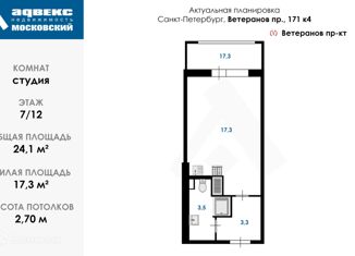 Квартира на продажу студия, 24.1 м2, Санкт-Петербург, проспект Ветеранов, 171к4, муниципальный округ Сосновая Поляна
