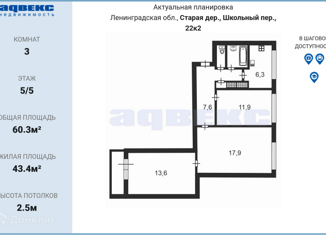 Продажа трехкомнатной квартиры, 59.7 м2, деревня Старая, Школьный переулок, 22к2