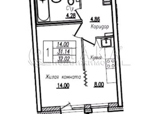 Однокомнатная квартира на продажу, 31.14 м2, Санкт-Петербург, улица Кустодиева, 7к1, муниципальный округ № 15