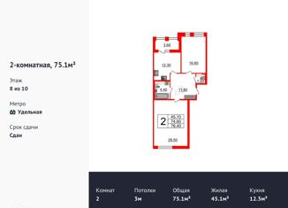 2-комнатная квартира на продажу, 75.1 м2, Санкт-Петербург, Манчестерская улица, 3, метро Удельная