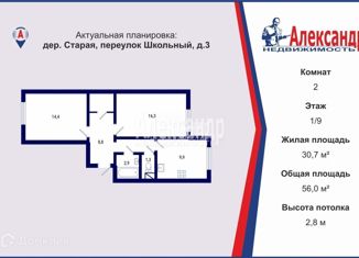 Продаю двухкомнатную квартиру, 56 м2, Московская область, Школьный переулок, 3