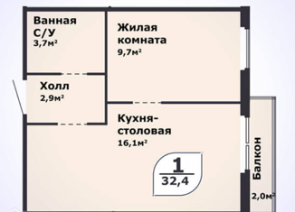 Продам 1-комнатную квартиру, 32.4 м2, посёлок Терема, улица Ломоносова, 22