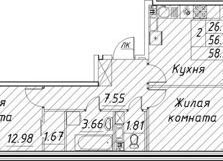 Продается 2-комнатная квартира, 58.38 м2, Санкт-Петербург, проспект Авиаконструкторов, 54, муниципальный округ Юнтолово