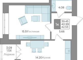 Продажа 1-комнатной квартиры, 40.99 м2, Калининград, Новгородская улица, 3Ак2, ЖК Новый Город