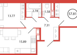 2-комнатная квартира на продажу, 57.81 м2, поселок Бугры, аллея Ньютона, 2, ЖК Энфилд
