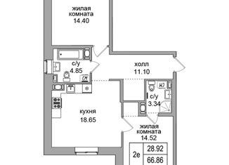 2-комнатная квартира на продажу, 65.9 м2, посёлок Парголово, улица Фёдора Абрамова, 29