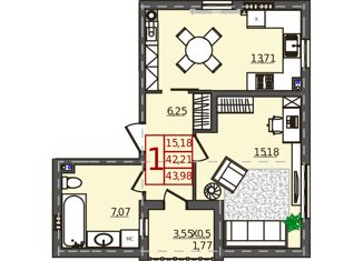 Продам 1-комнатную квартиру, 44.9 м2, Краснодар, Веронская улица, 4, ЖК Италия