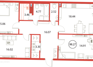Продается трехкомнатная квартира, 98.28 м2, Санкт-Петербург, Плесецкая улица, 2, ЖК Ариосто