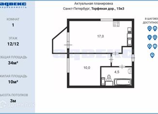 1-комнатная квартира на продажу, 34 м2, Санкт-Петербург, Торфяная дорога, 15к3, метро Старая Деревня