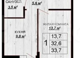 Продается 1-комнатная квартира, 34 м2, Краснодар, Тепличная улица, 62/1к4, ЖК Акварели 2