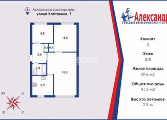 Продам трехкомнатную квартиру, 41.44 м2, Санкт-Петербург, улица Костюшко, 7, улица Костюшко