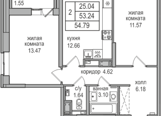 Продается 2-комнатная квартира, 54.6 м2, посёлок Парголово