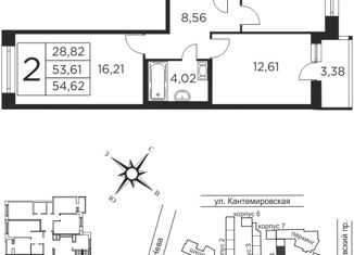 Продается 2-комнатная квартира, 54.94 м2, Санкт-Петербург, Пироговская набережная, 5/2, муниципальный округ Сампсониевское