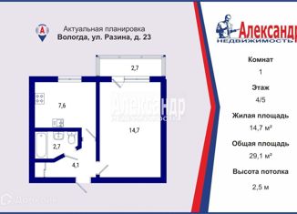 Продаю однокомнатную квартиру, 29.1 м2, Вологда, улица Разина, 23