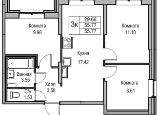 Продаю трехкомнатную квартиру, 55.3 м2, Санкт-Петербург, Ивинская улица, 19к1, метро Беговая