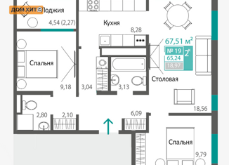 2-комнатная квартира на продажу, 65.24 м2, Симферополь, ЖК Лаванда, улица Никанорова, 4А