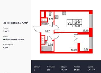Продам 1-комнатную квартиру, 37.7 м2, Санкт-Петербург, метро Крестовский остров