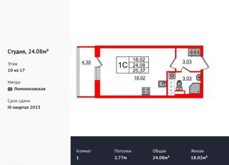 Продаю квартиру студию, 24.3 м2, Санкт-Петербург, Фарфоровская улица, 7к2, метро Ломоносовская