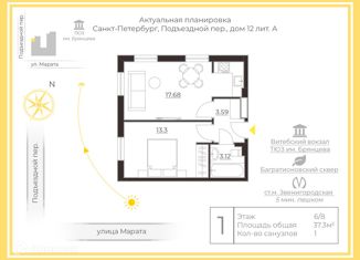 Продается однокомнатная квартира, 37.3 м2, Санкт-Петербург, Подъездной переулок, метро Пушкинская