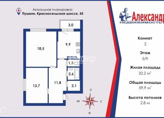 Продажа 2-комнатной квартиры, 59.9 м2, Санкт-Петербург, Красносельское шоссе, 55
