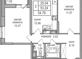 Продажа 2-комнатной квартиры, 54.3 м2, посёлок Парголово