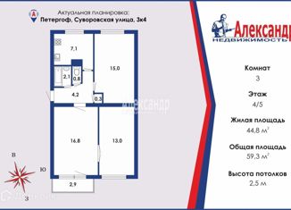 Продажа трехкомнатной квартиры, 59.3 м2, Петергоф, Суворовская улица, 3к4
