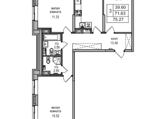 3-комнатная квартира на продажу, 75.3 м2, Санкт-Петербург, Заречная улица, 48к2