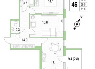 Продается 2-ком. квартира, 71.8 м2, Санкт-Петербург, муниципальный округ Южно-Приморский, проспект Патриотов, 35