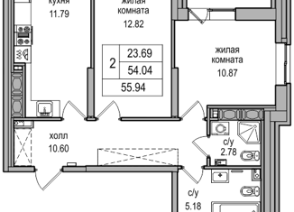 Продажа двухкомнатной квартиры, 54.9 м2, посёлок Парголово