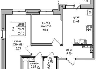 Продам двухкомнатную квартиру, 56.1 м2, посёлок Парголово, Заречная улица, 54
