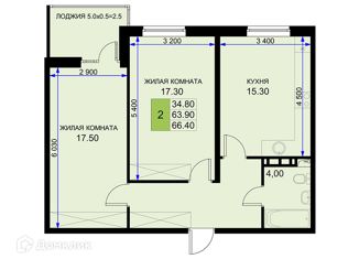 Продам двухкомнатную квартиру, 66.4 м2, поселок Южный, Казачья улица, 6к1