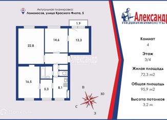 Продаю пятикомнатную квартиру, 95.9 м2, Ломоносов, улица Красного Флота, 5