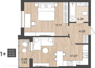 Продажа 1-комнатной квартиры, 44.1 м2, Калининград, Интернациональная улица, 18, ЖК Белый Сад