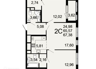 Продам 2-комнатную квартиру, 66.91 м2, Рязань, Семчинская улица, 3к1, ЖК Ломоносов