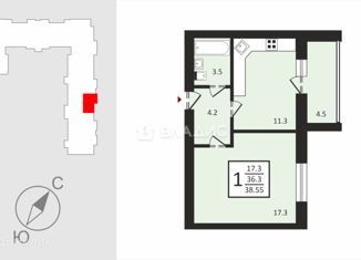 Продаю 1-комнатную квартиру, 38.55 м2, Владимирская область, Новгородская улица, 35к2