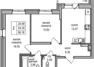 2-ком. квартира на продажу, 56.2 м2, посёлок Парголово, Заречная улица, 54