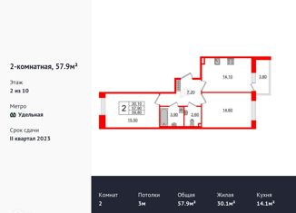 Продажа двухкомнатной квартиры, 59.4 м2, Санкт-Петербург, Манчестерская улица, 5к1, метро Удельная