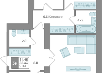 Продается трехкомнатная квартира, 88.03 м2, Калининград, ЖК Новый Город, Новгородская улица, 5к3