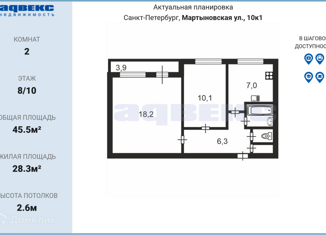 Продаю 2-комнатную квартиру, 45.5 м2, Санкт-Петербург, Мартыновская улица, 10к1, Мартыновская улица
