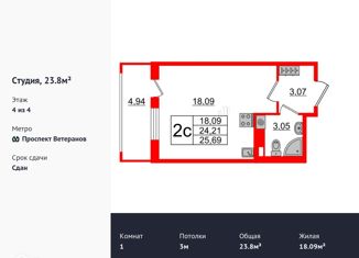 Квартира на продажу студия, 23.8 м2, Санкт-Петербург, ЖК Солнечный Город. Резиденции, улица Владимира Пчелинцева, 6к1