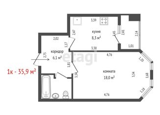 Продается 1-комнатная квартира, 35.9 м2, Екатеринбург, Рощинская улица, 72А, Рощинская улица