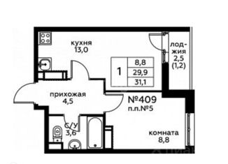1-комнатная квартира на продажу, 33.6 м2, деревня Столбово, проспект Куприна, 38к2