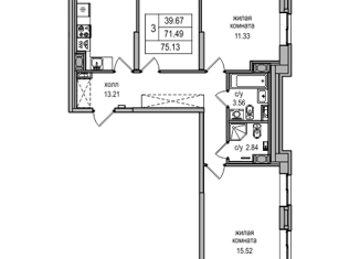 Продаю 3-ком. квартиру, 73.6 м2, посёлок Парголово