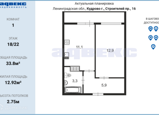 Продажа 1-комнатной квартиры, 33.8 м2, Кудрово, проспект Строителей, 16, ЖК Геометрия