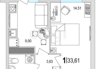 Продаю 1-комнатную квартиру, 33.61 м2, деревня Батино, улица Сергея Есенина, 14