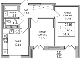 Продам 2-ком. квартиру, 51 м2, посёлок Парголово