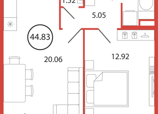 Продаю 1-комнатную квартиру, 44.83 м2, поселок Бугры, аллея Ньютона, 2, ЖК Энфилд