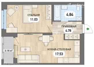 Однокомнатная квартира на продажу, 41.09 м2, Екатеринбург, улица Краснофлотцев, 69, улица Краснофлотцев